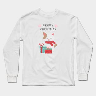 Cute white cat with gifts illustration with quote Meowy Christmas Long Sleeve T-Shirt